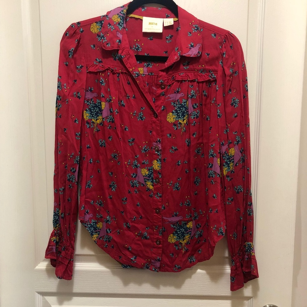 Maeve Anthropologie Womens ruffle sleeve red floral bird blouse size 14